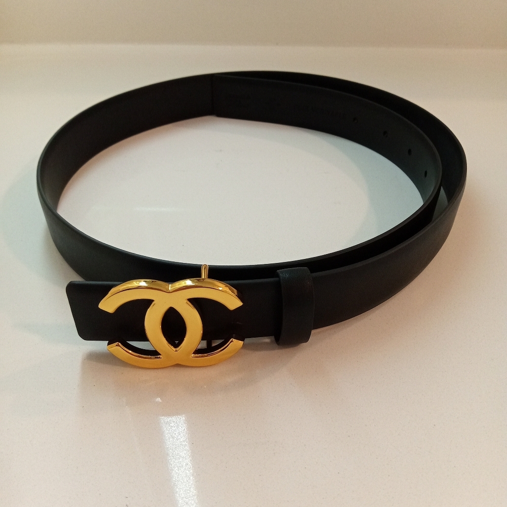 Chanel Gold CC Black Leather Belt